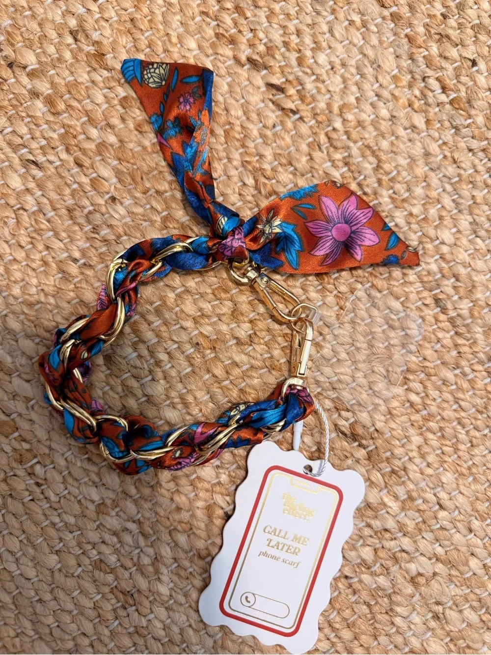 Braided Silk-Print Wristlet Phone Charm with Gold Hardware - Blue/Brown